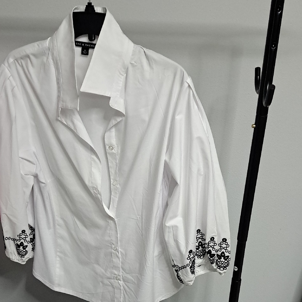 Zac & Rachel White Button Down Shirt with Black Embroidery